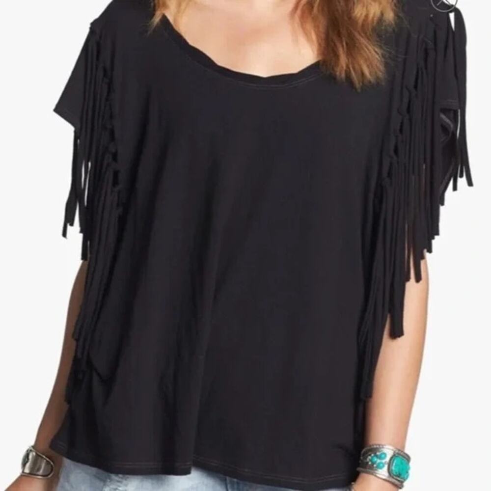 Free People Fringe Black T-Shirt Punk Goth Modal Cotton Boho Size Small